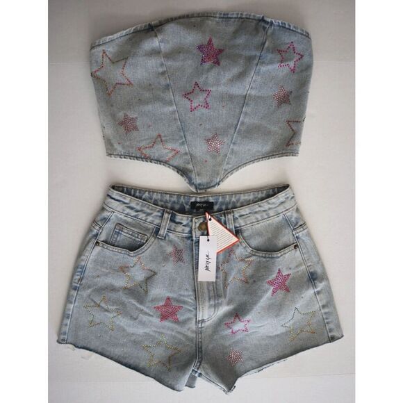 Nasty Gal Women's Sz 4 Embellished Star Hotfix Denim Shorts/Sz 10 Crop Top Set - Picture 1 of 11